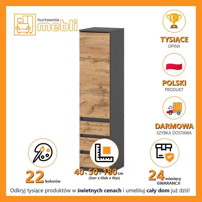 Szafa Nowoczesna Słupek 40cm Do Salonu Przedpokoju 3 Szuflady Pojemna