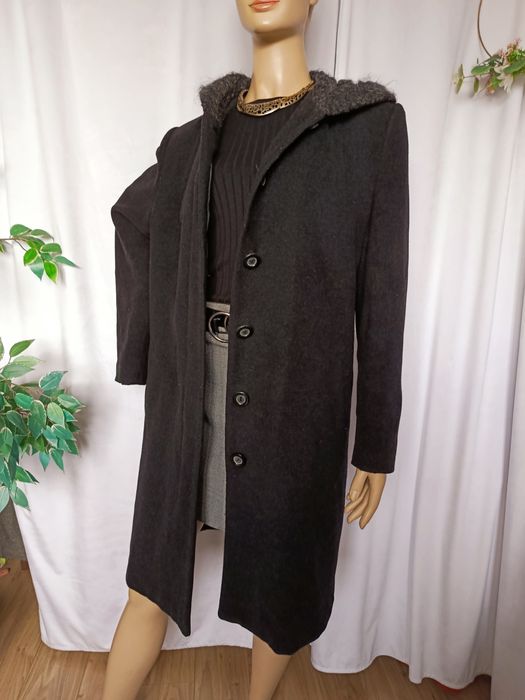 Sg Klasyczny szary płaszcz zimowy z kapturem  flausz puszyste wykończenie vintage retro 42 XL