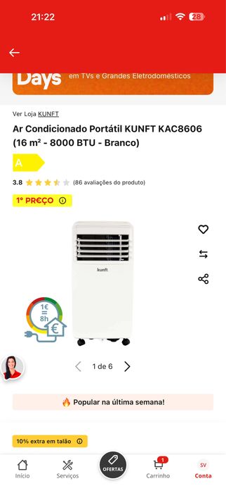 Ar Condicionado Portátil KUNFT KAC8606 (16 m² - 8000 BTU - Branco)