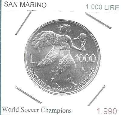 San Marino -  - 1.000 Lire - 1990 - - Futebol 1990 - -- Moeda de Prata