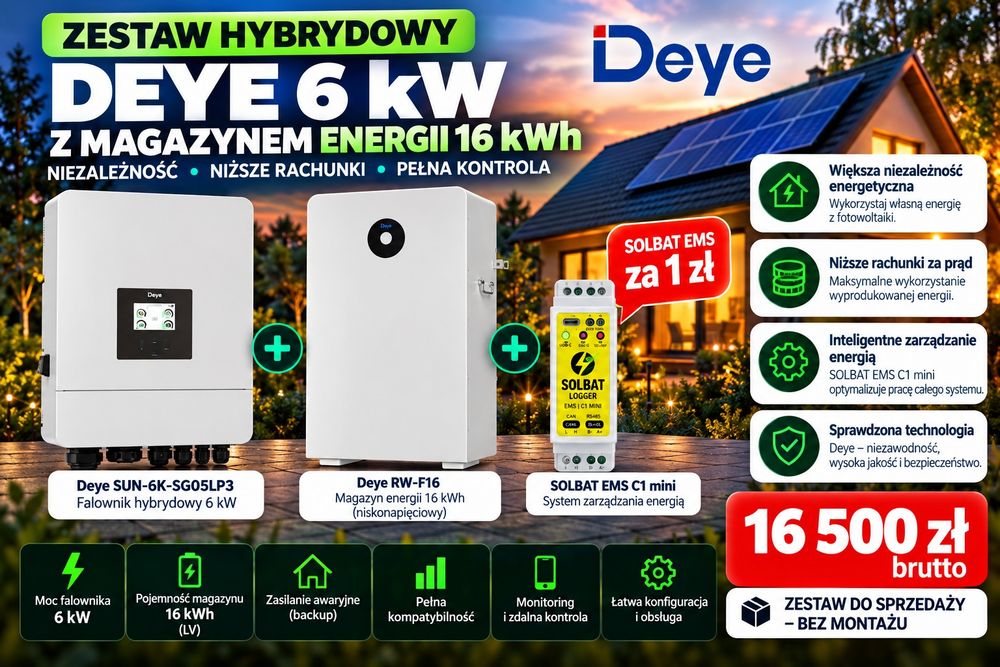 DEYE 6 kW + magazyn energii 16 kWh + SOLBAT EMS za 1 zł