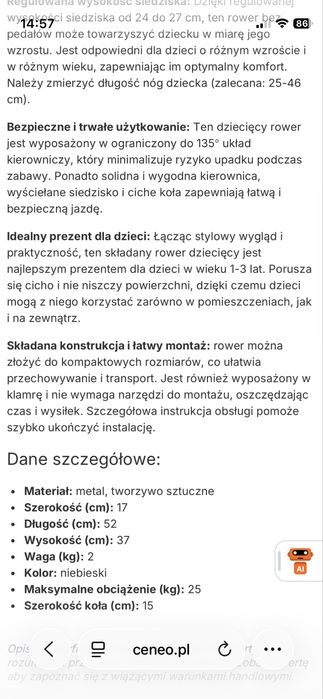Rowerek biegowy Costway