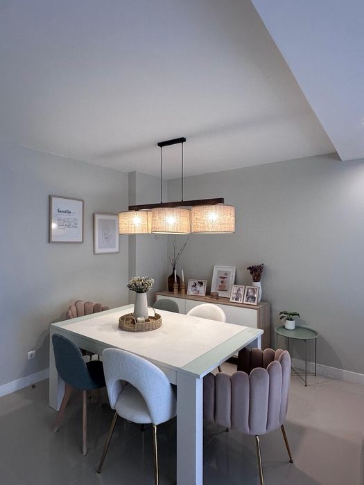 Candeeiro Pendente 3 Luzes – Madeira e Linho – Moderno com 3 meses de uso
