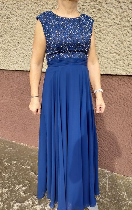 Piękna granatowa sukienka maxi długa elegancka perełki stan idelany 38