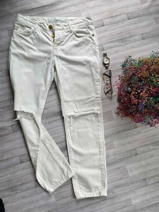 Goldgarn Denim jeansy białe rurki z dziurami elastyczne 100% bawełna