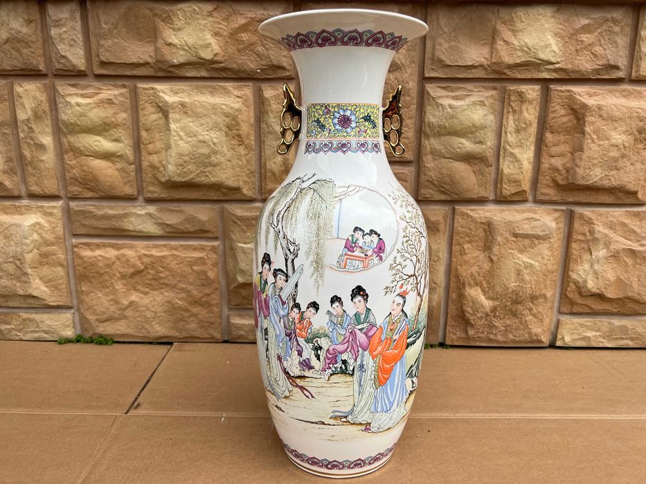 Wielki Wazon Na Kwiaty Porcelana Chiny Sygnowany Malowany Vintage B516