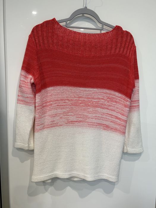 Sweter damski z rękawem 3/4 malinowo-biały