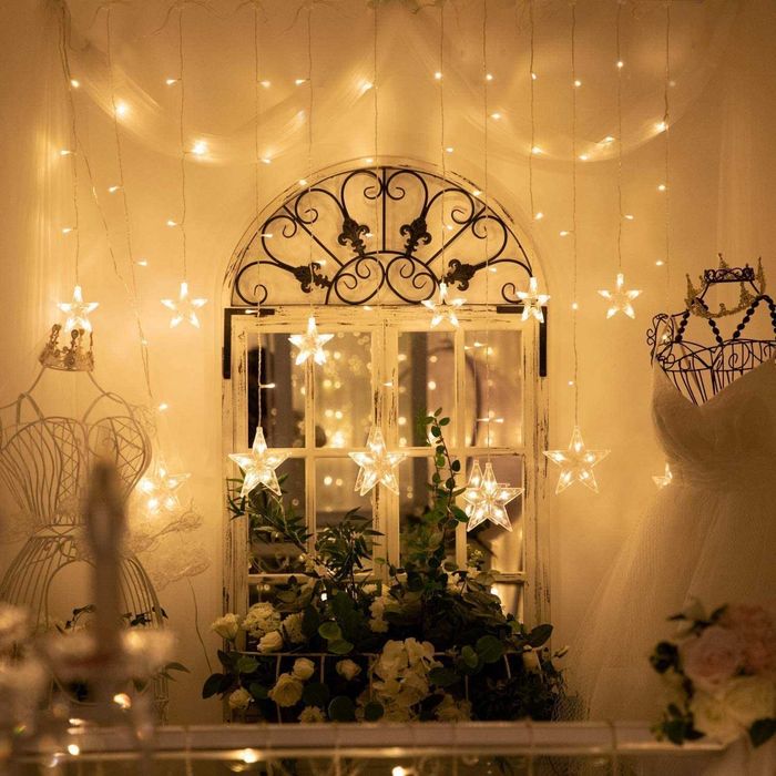 Grinaldas brilhantes estrelas, 138 LEDs, cortina LED c/controlo remoto