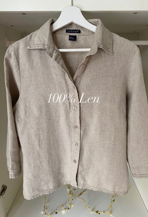 Koszula lniana beżowa rozpinaną z kołnierzykiem M 38 100% Len