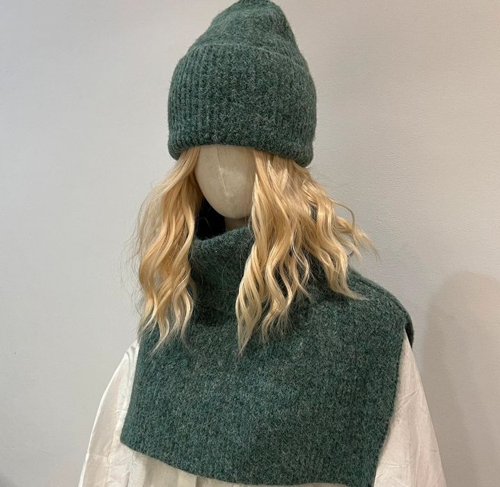 Unikatowy komplet czapka komin golf chłodny zielony 100% wełna wool