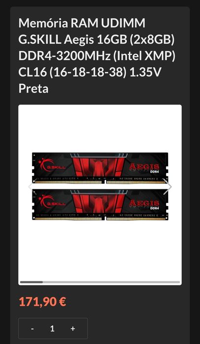 Memória RAM G.SKILL Aegis 16GB (2x8GB) DDR4-3200MHz (Intel XMP) CL16