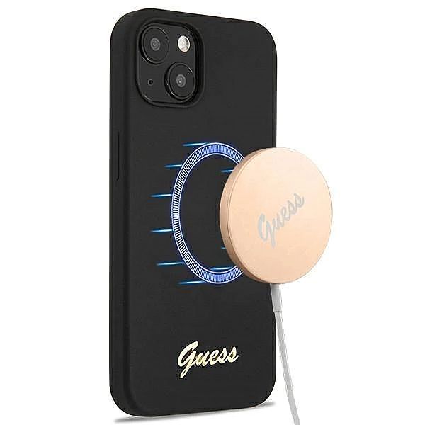 Etui Guess Silicone Script Gold Logo MagSafe na iPhone 13 - czarne