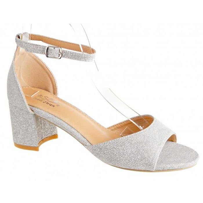 Sandały na obcasie słupku 6 cm. srebrne brokatowe r 36