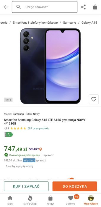 Jak nowy Smartfon Samsung A15 NFC czarny Gwarancja / etui / szkło
