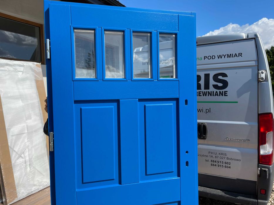 Drzwi Zewnętrzne Drewniane niebieskie Angielskie MONTAŻ  CAŁA POLSKA