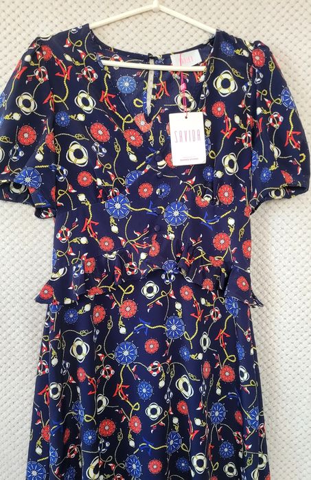 Savida Nowa długa sukienka z bufiastymi rękawami print taliowana  36 S