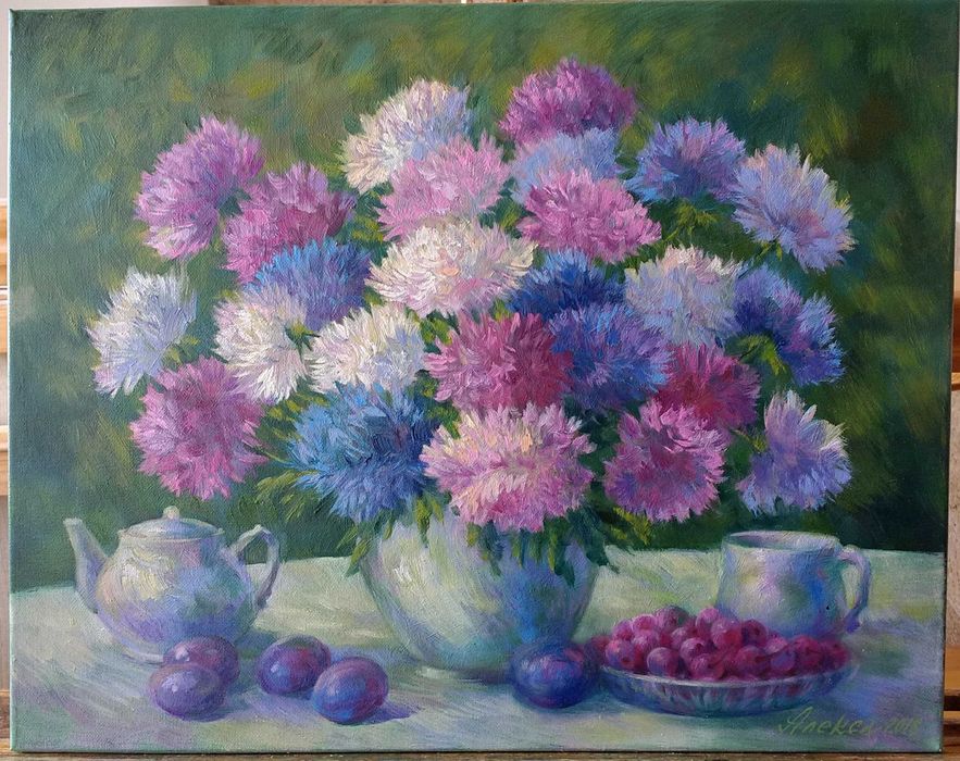 Картина маслом "Букет астр в саду"