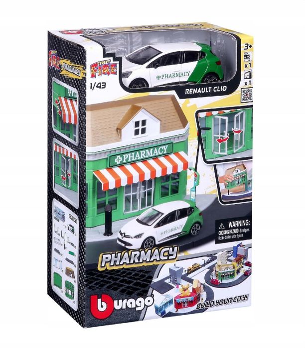 Bburago Street Fire Pharmacy + Renault Clio, skala 1:43