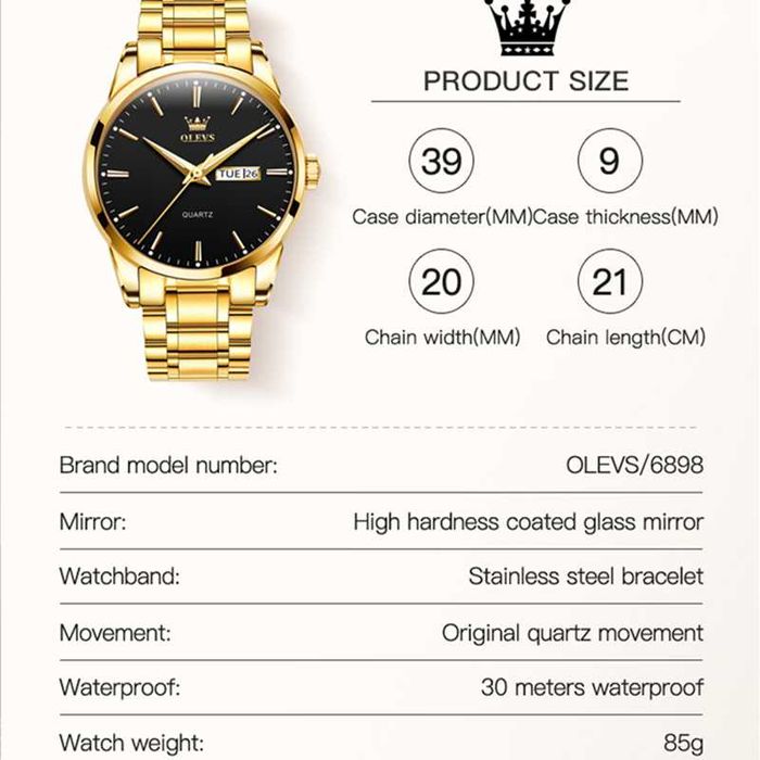 Klasyczny zegarek złoty męski 39mm Olevs bransoleta do garnituru box