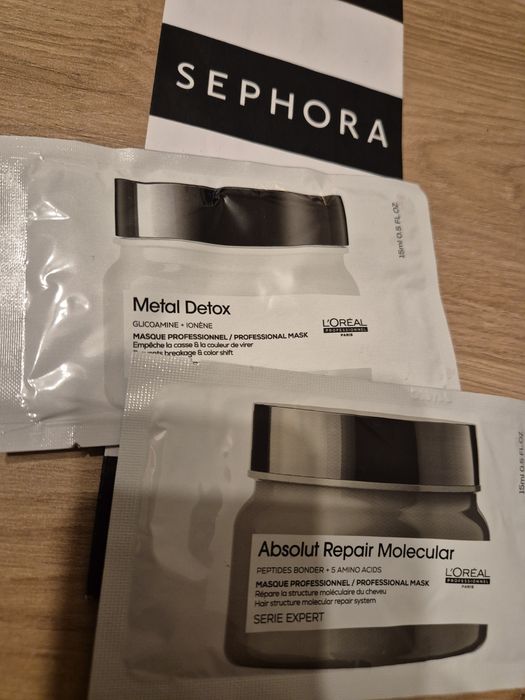 2 maski do włosów na wyjazdy! Nowe! L'OREAL Metal Detox 15 ml Absolut Repair Molecular 15 ml SEPHORA!