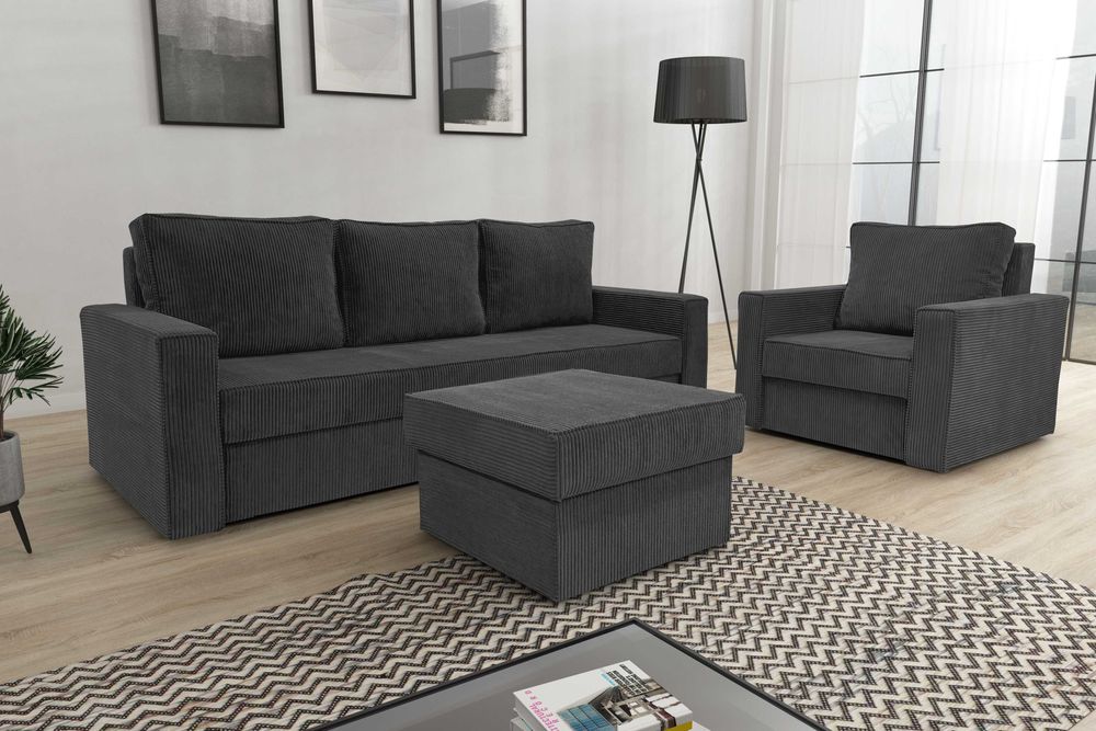 Zestaw komplet wypoczynkowy kanapa fotel pufa Sofia. Sztruks, sprężyny