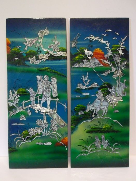 2 quadros asiáticos vintage lacadas com embutidos em madre perola