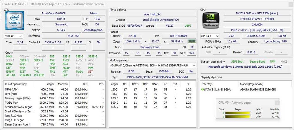 Acer E5-774g ekran 17,3"  Intel I5 6200U 12 GB RAM GTX950M  256GB SSD