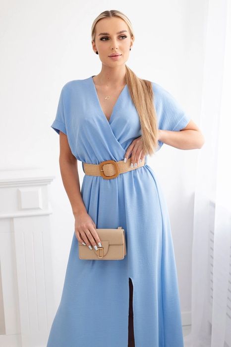 Sukienka maxi niebieska z paskiem elegancka włoska