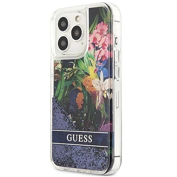 Etui Guess Flower Liquid Glitter na iPhone 13 Pro / iPhone 13 - niebie