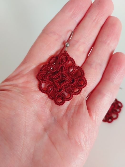 Kolczyki koronkowe bordowe frywolitka