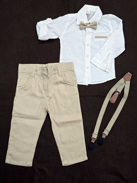 Komplet galowy BEŻ, garnitur, koszula spodnie muszka szelki 6 -110/116