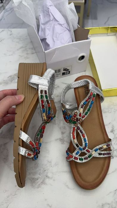 Tulipano Silver Beaded Boho Wedge Sandals (New in Box)