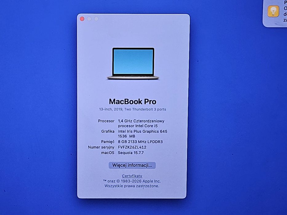 Laptop MacBook Pro 13 2019 i5 8/256GB