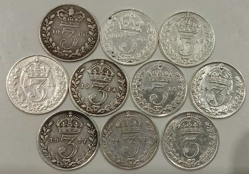 Продам 3 пенса Британії 10 штук срібло