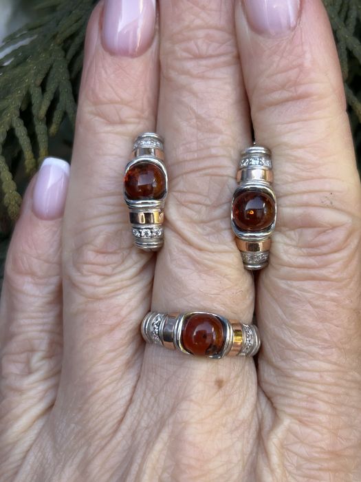 Срібний набір з золотом і бурштином сережки+каблучка
