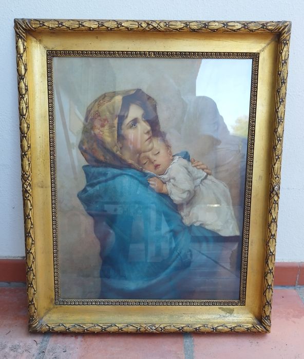Quadro antigo de N. Sra em moldura dourada (ouro velho) com vidro