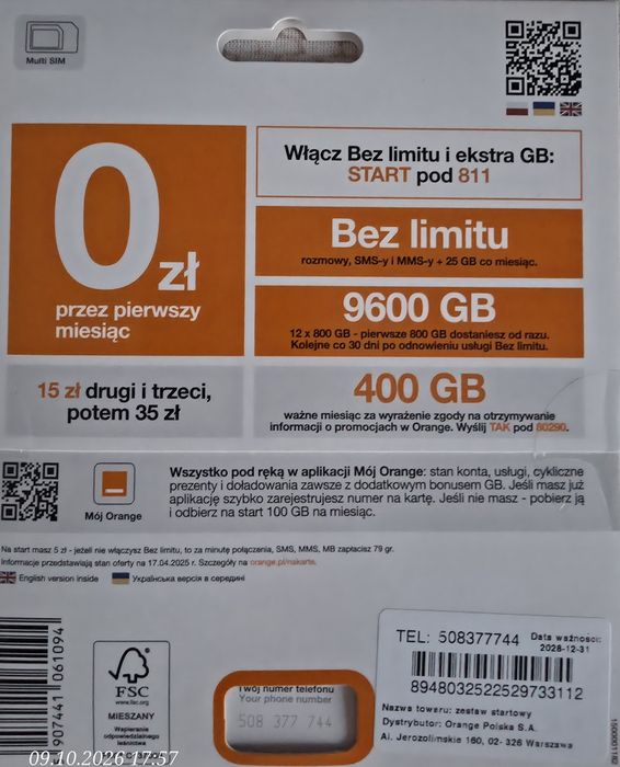 Złoty numer 508377744 nowy starter Orange
