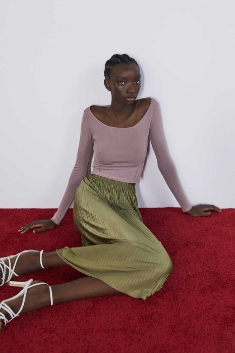 Плиссе миди юбка на резинке цвет хаки ZARA M