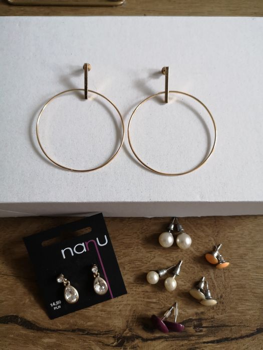 Złote kolczyki koła 5cm belka kamienie stal GRATIS 5par kolczyków