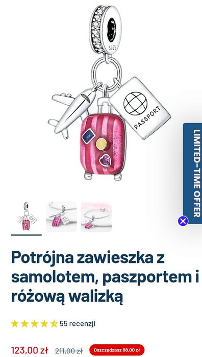 Charms Samolot/podróże srebro