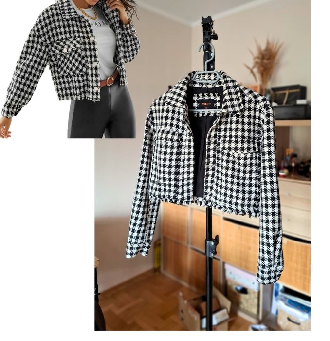 Kurtka katana krata pepitka frędzle na jesień bawełna wiskoza New York