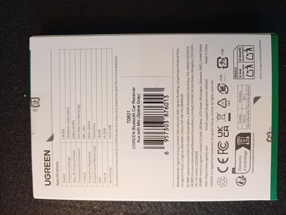 Bluetooth-ресивер Ugreen CM309 Bluetooth Car Receiver Aux with Mic