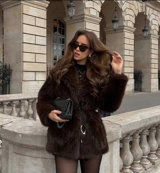 Zara Futro brązowe z paskiem L