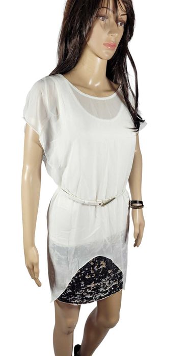 Nowa biała elegancka sukienka cekiny 32,XXS/34,XS pasek BonPrix BPC