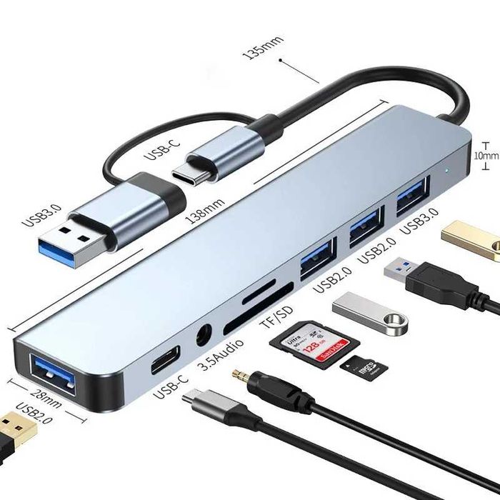 Hub USB 3.0 USB-C 8 em 1 SD TF Jack 3.5 aux NOVO
