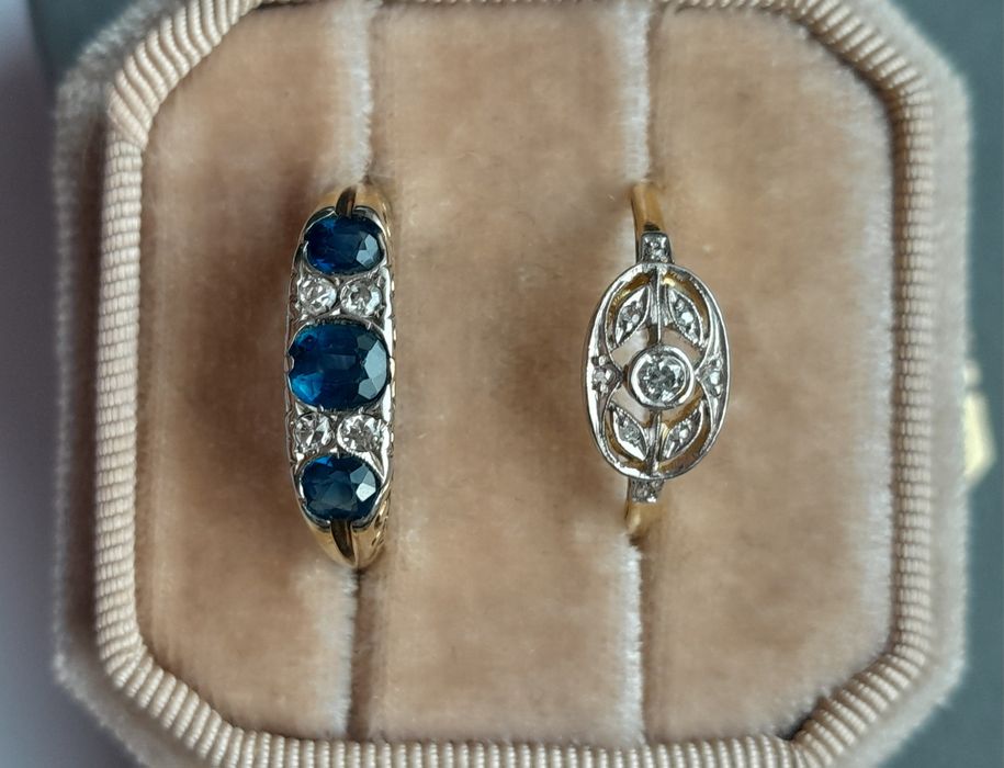 R.15 Zaręczynowy Pierścionek Antyk Szafiry Diamenty Złoto 585 WYCENA