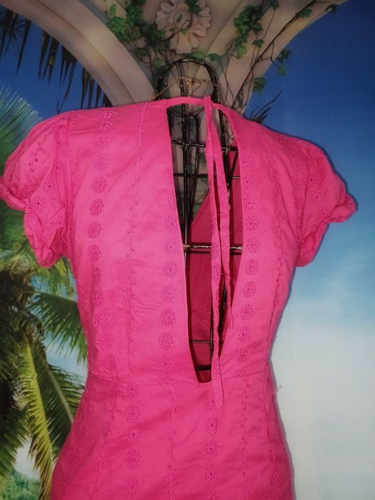 Vestido comprido rosa bordado inglês algodão e linho