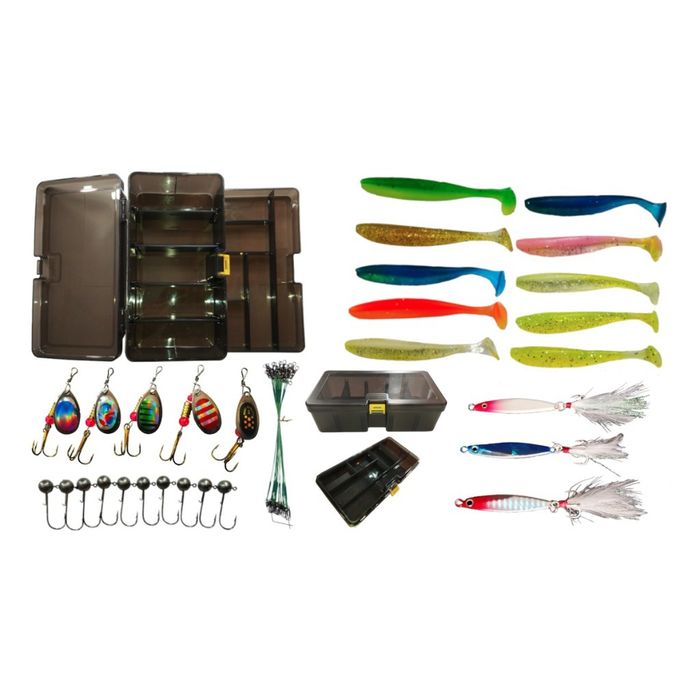 Zestaw prznęt wędkarskich - gumy, woblery, błystki, główki, przypony