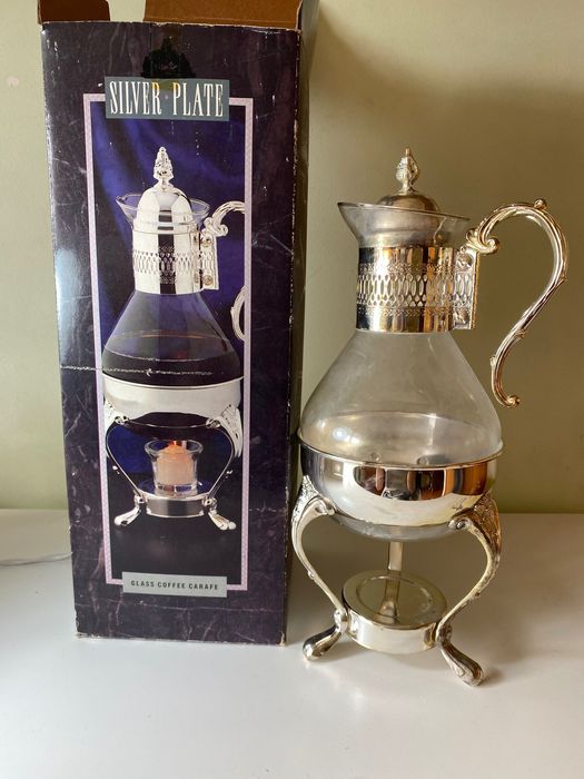 vintage Italian silver plate candle warming stand, glass coffee carafe