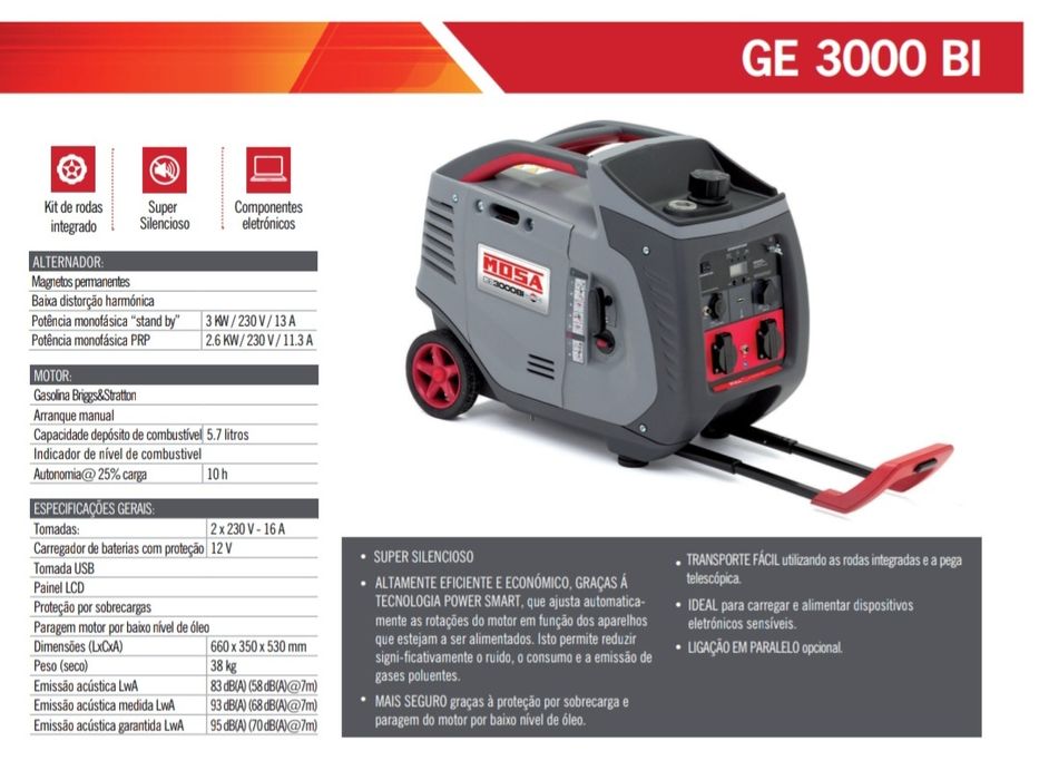 Gerador a gasolina silencioso Mosa 3 kVA